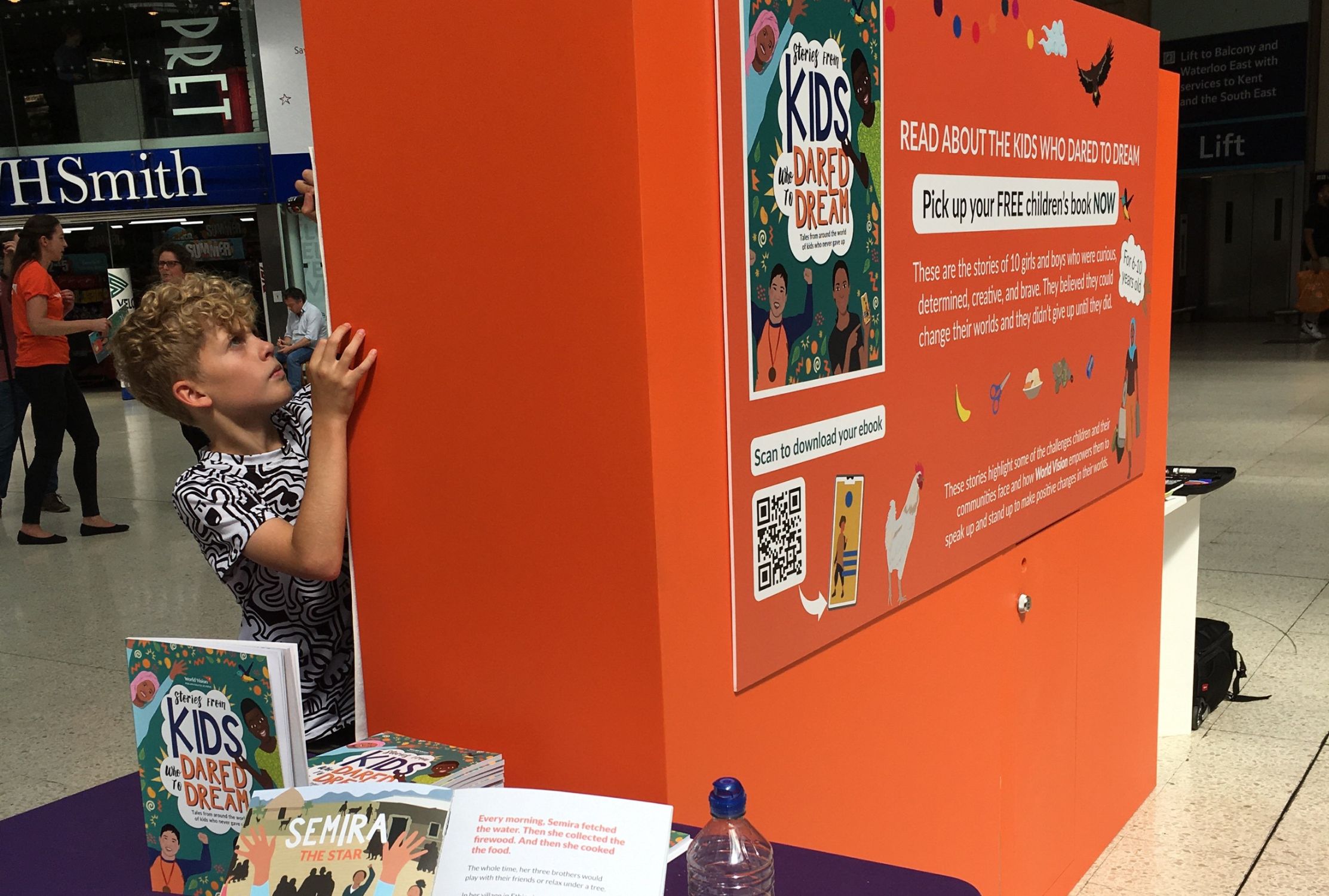 The World Vision stand in Waterloo Station showcasing Kids Who Dared to Dream