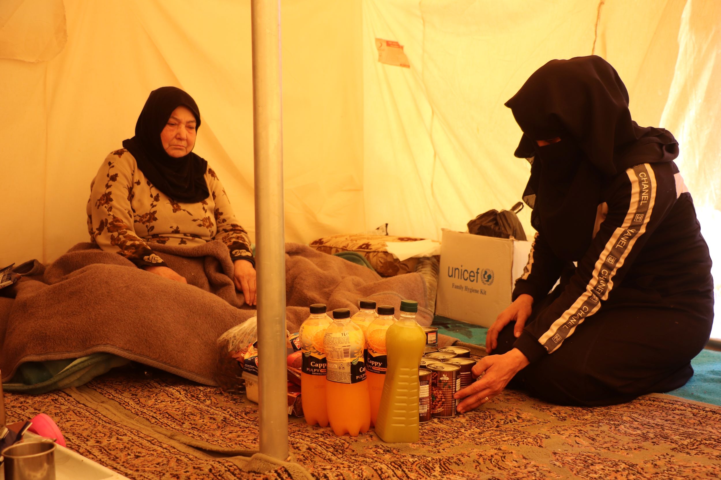 Distributing food kits to earthquake survivors