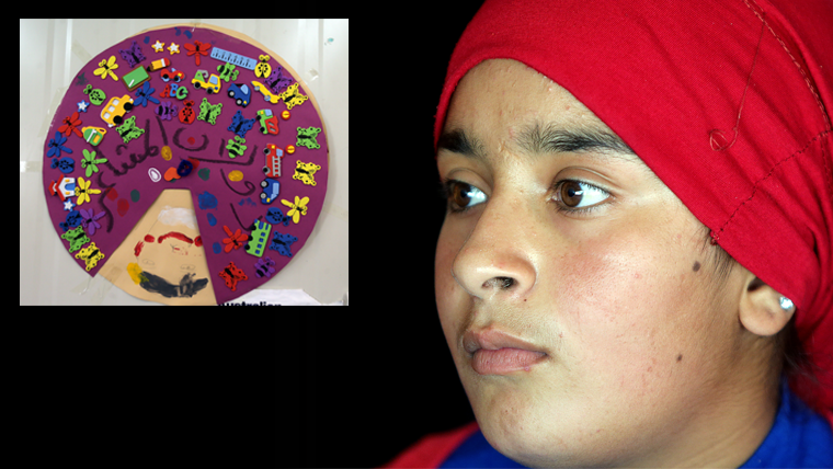 Portrait of Raaja with inset picture of the emotion wheel she made at a World Vision Child Friendly Space