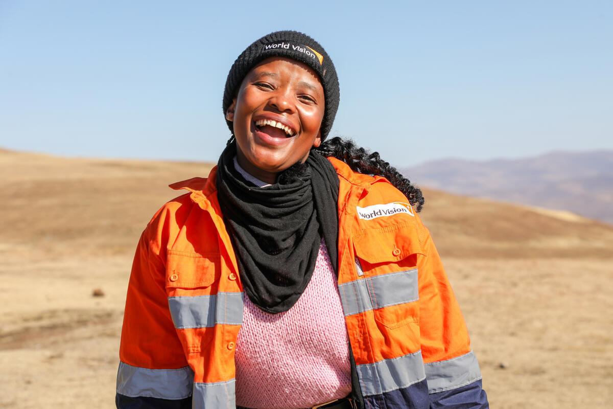 Close-up of World Vision employee Mampe Ramoloko working in the mountains of Lesotho