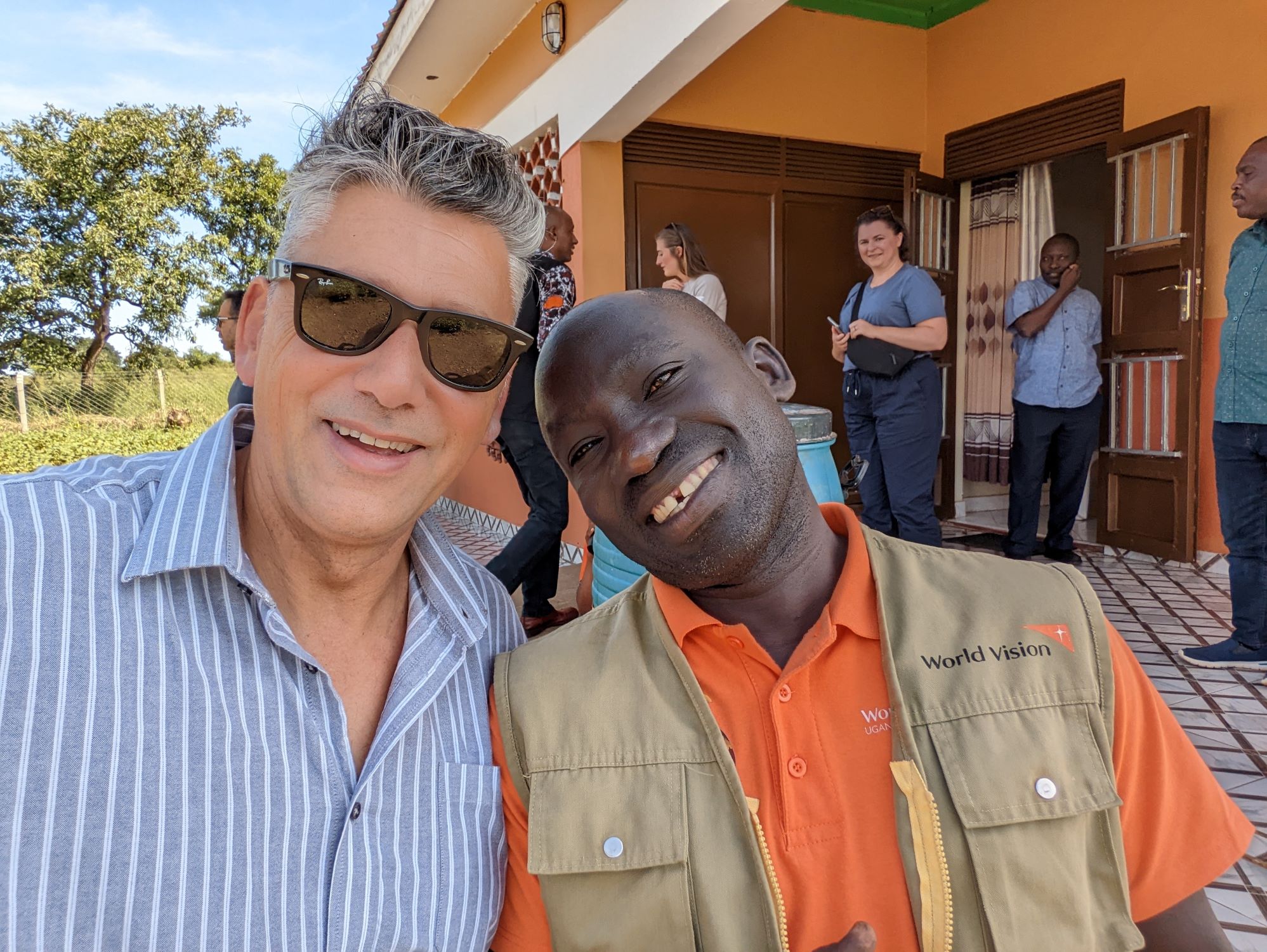 Matt Hyam (left) with Geoffrey Ivan, World Vision Uganda's Area Programme Manager in Pajule