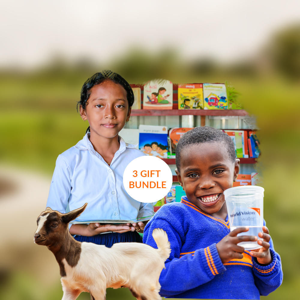 Collection displaying gifts on offer, including a goat, a football and a chicken