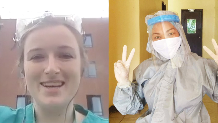 A nurse in the UK and a health worker from the Philippines smile into the camera, wearing their protective gear