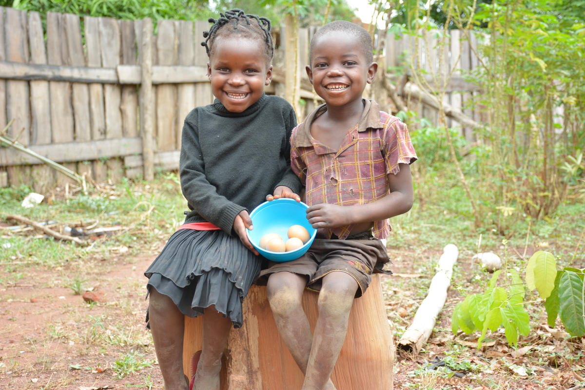 Koko and manu sit with a bowl of eggs from their chickens