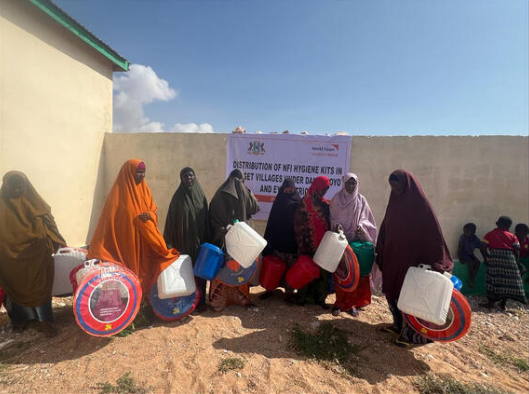 A group of women holding water containers and mosquito nets.