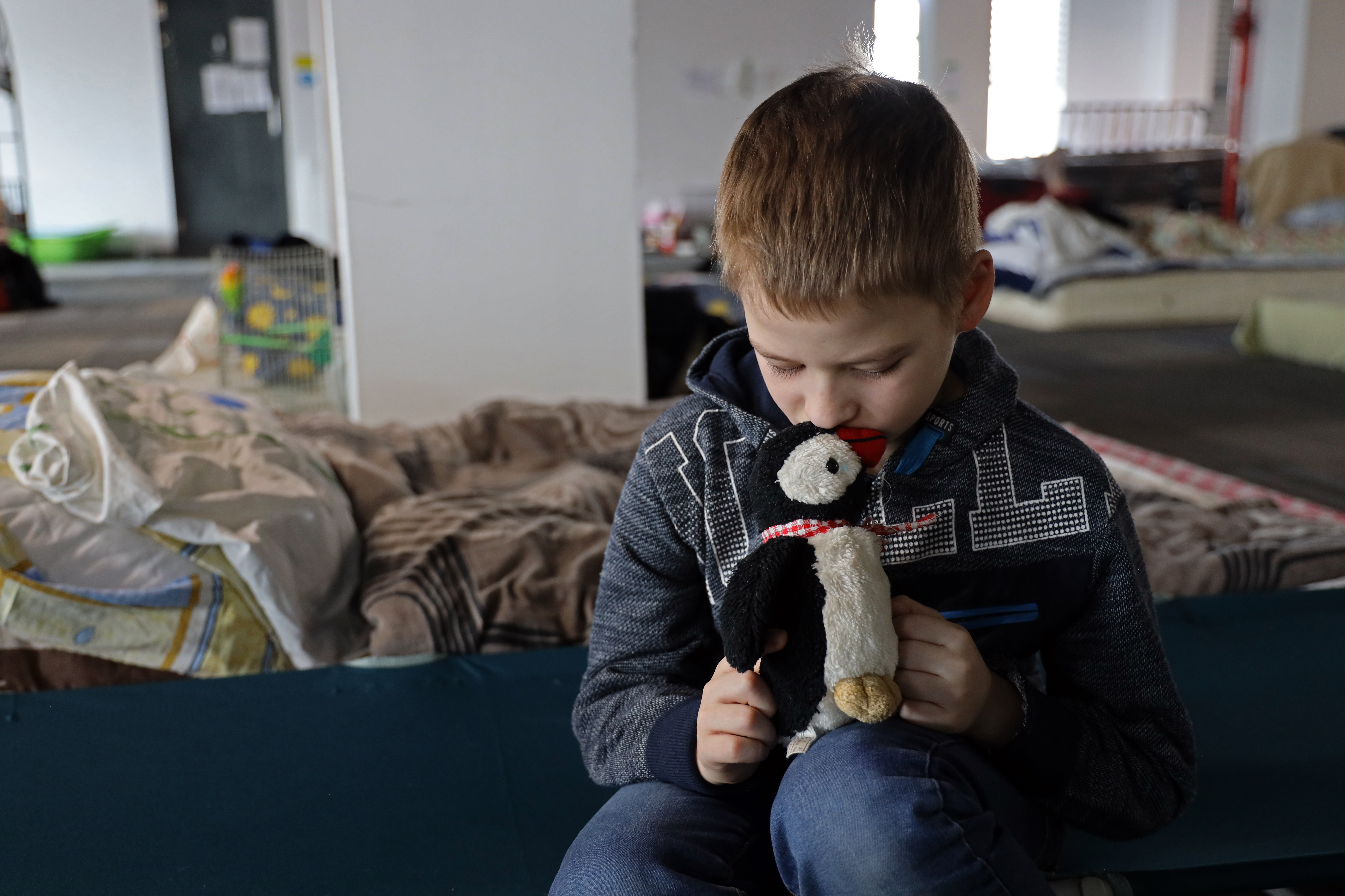 A little boy clutches a toy penguin