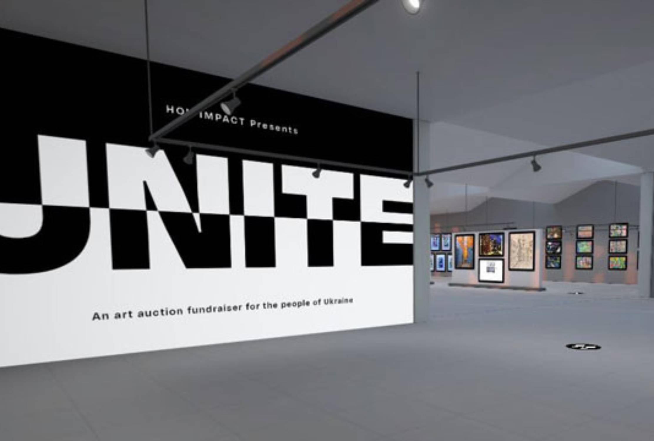 Virtual art gallery with large poster saying Unite