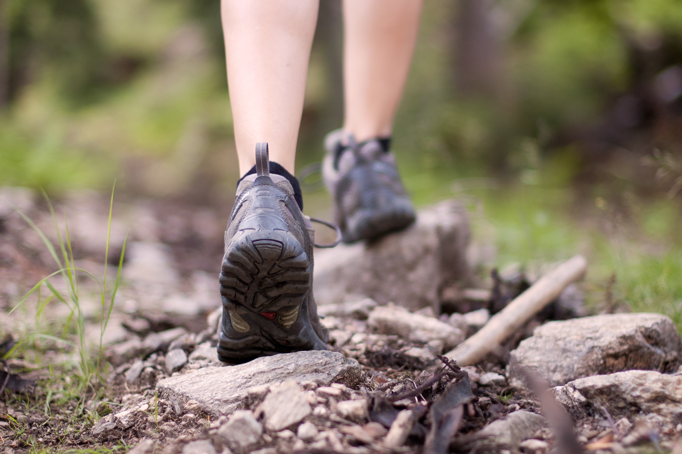 Hiking boots being worn on a hike