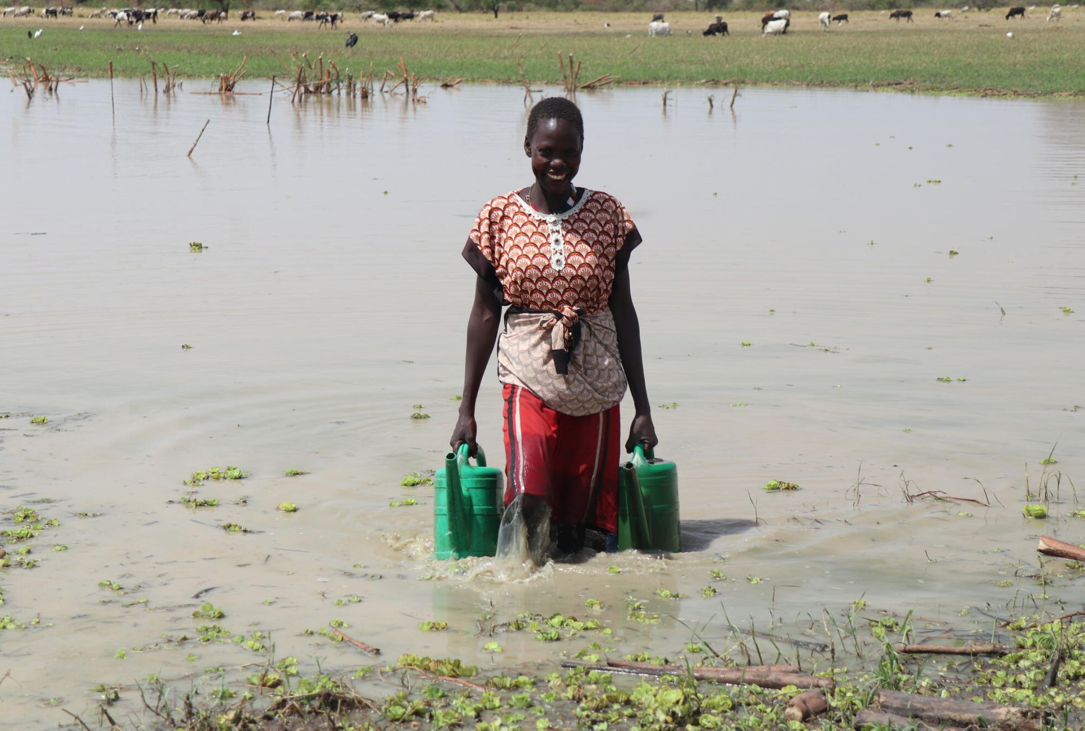 South Sudanese woman walks through a flooded field holding watering cans in her village
