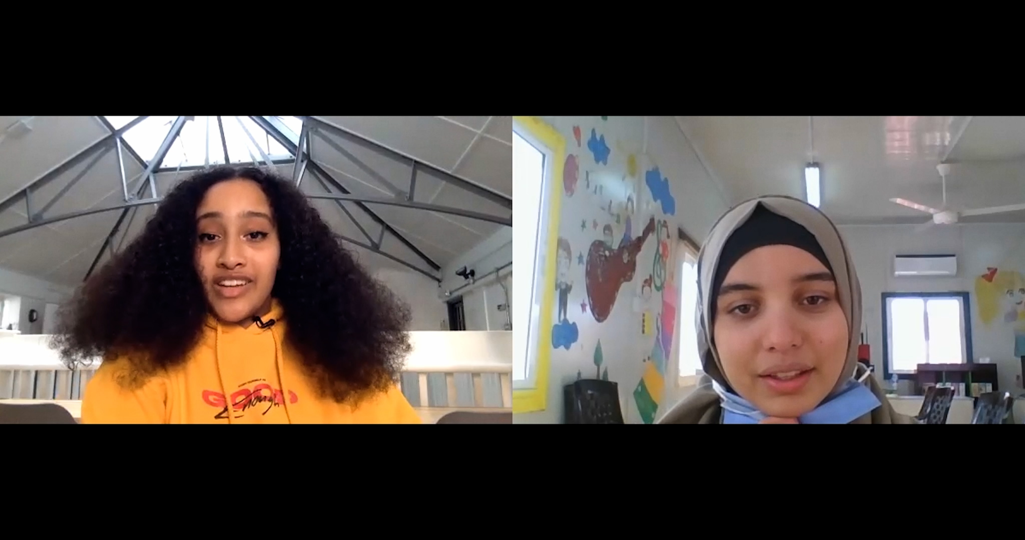UK and Syrian refugee teenagers chat over video call, discussing their pasts and dreams for the future