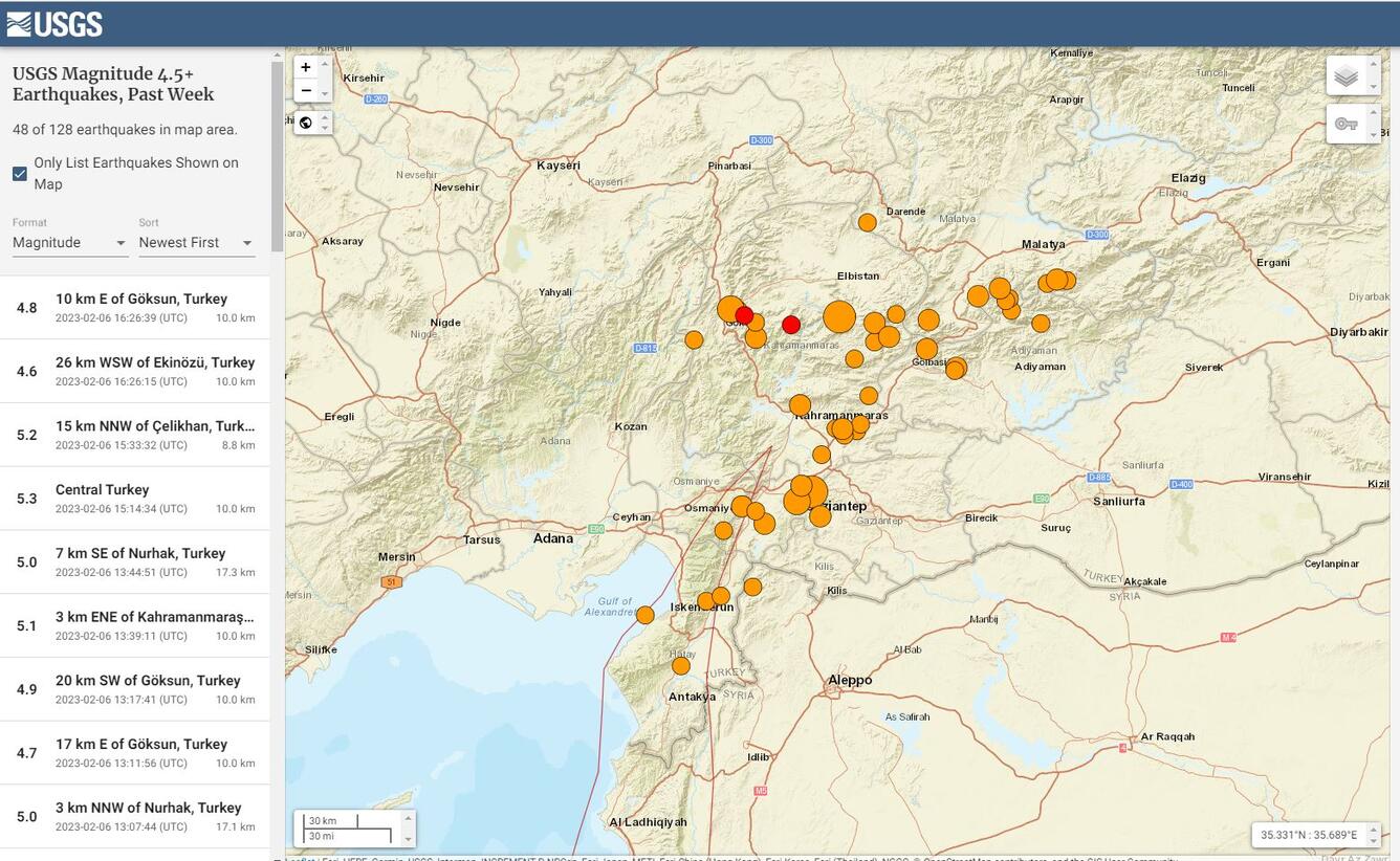 Map of earthquake aftershocks in Turkey and Syria