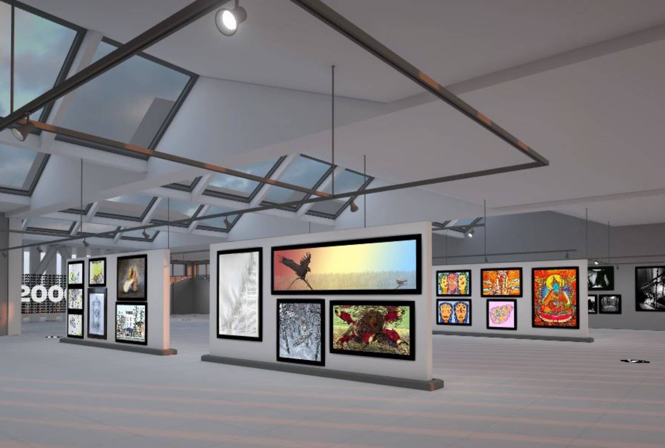 Interiors of virtual art gallery with artwork on display walls