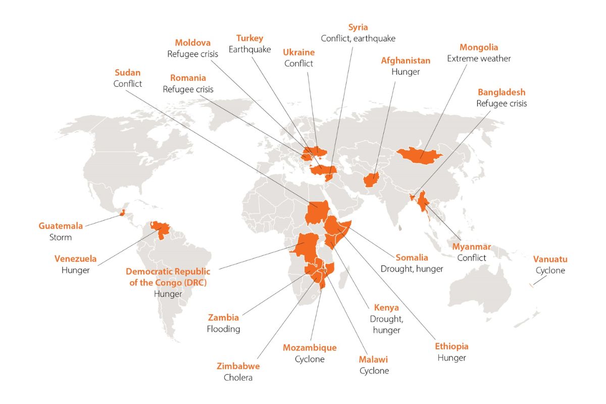 World map showing where World Vision responds to emergencies
