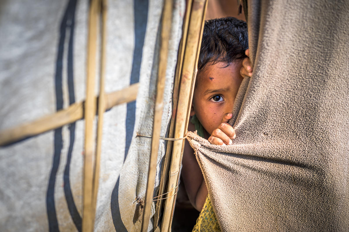 Boy peeking from behind a curtain