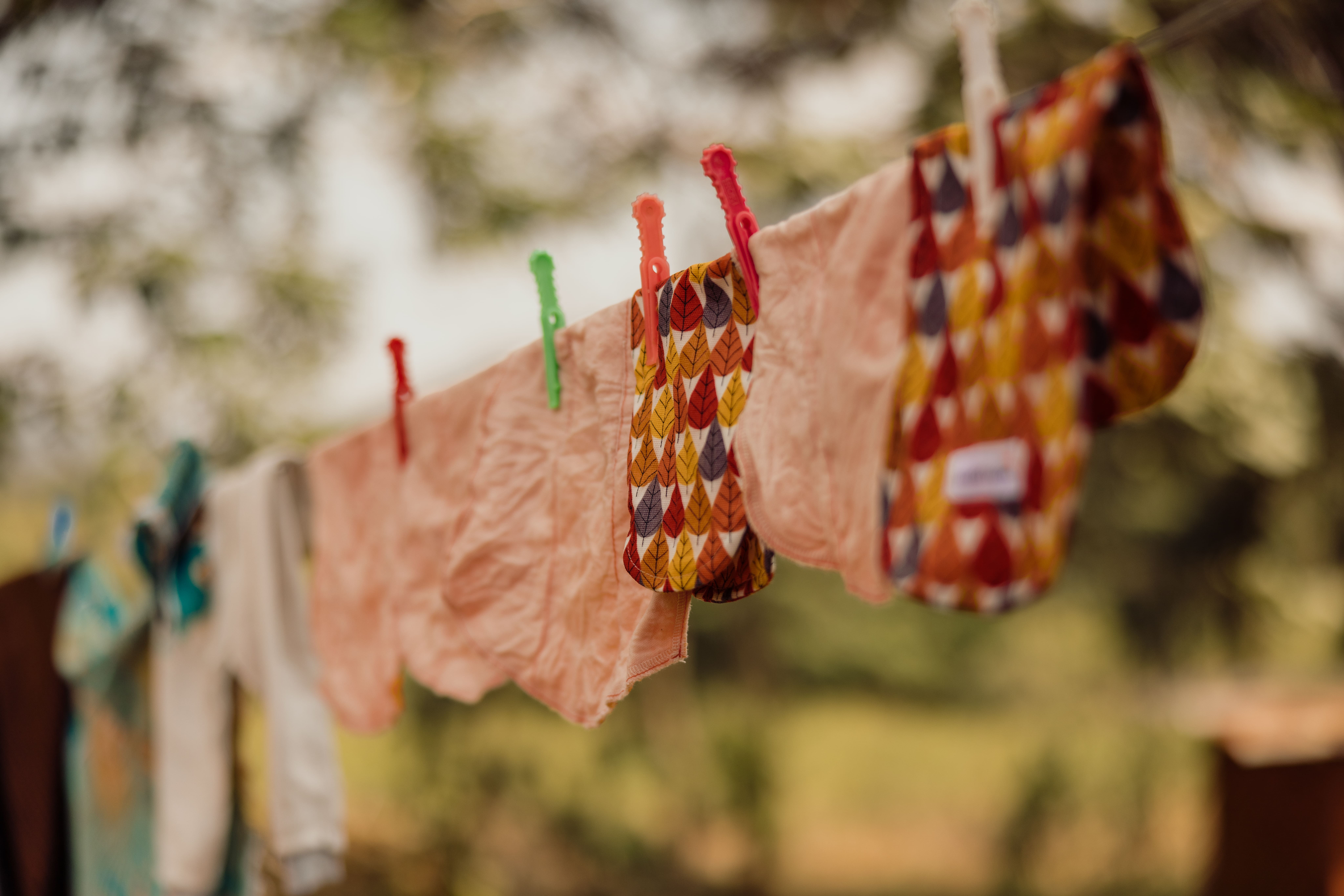 Reusable period pads on a washing line