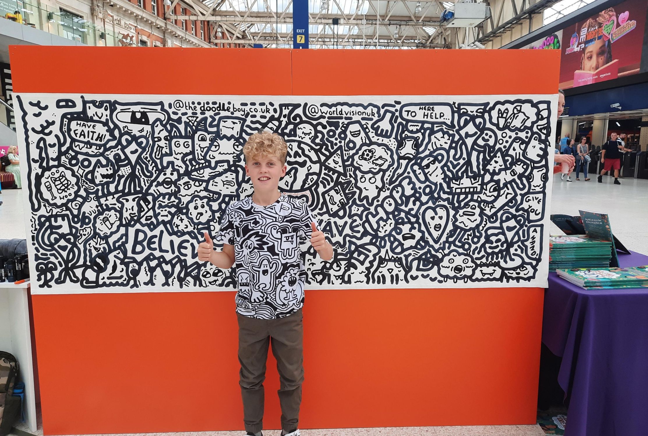 Joe's finished doodle on the World Vision stand in Waterloo Station