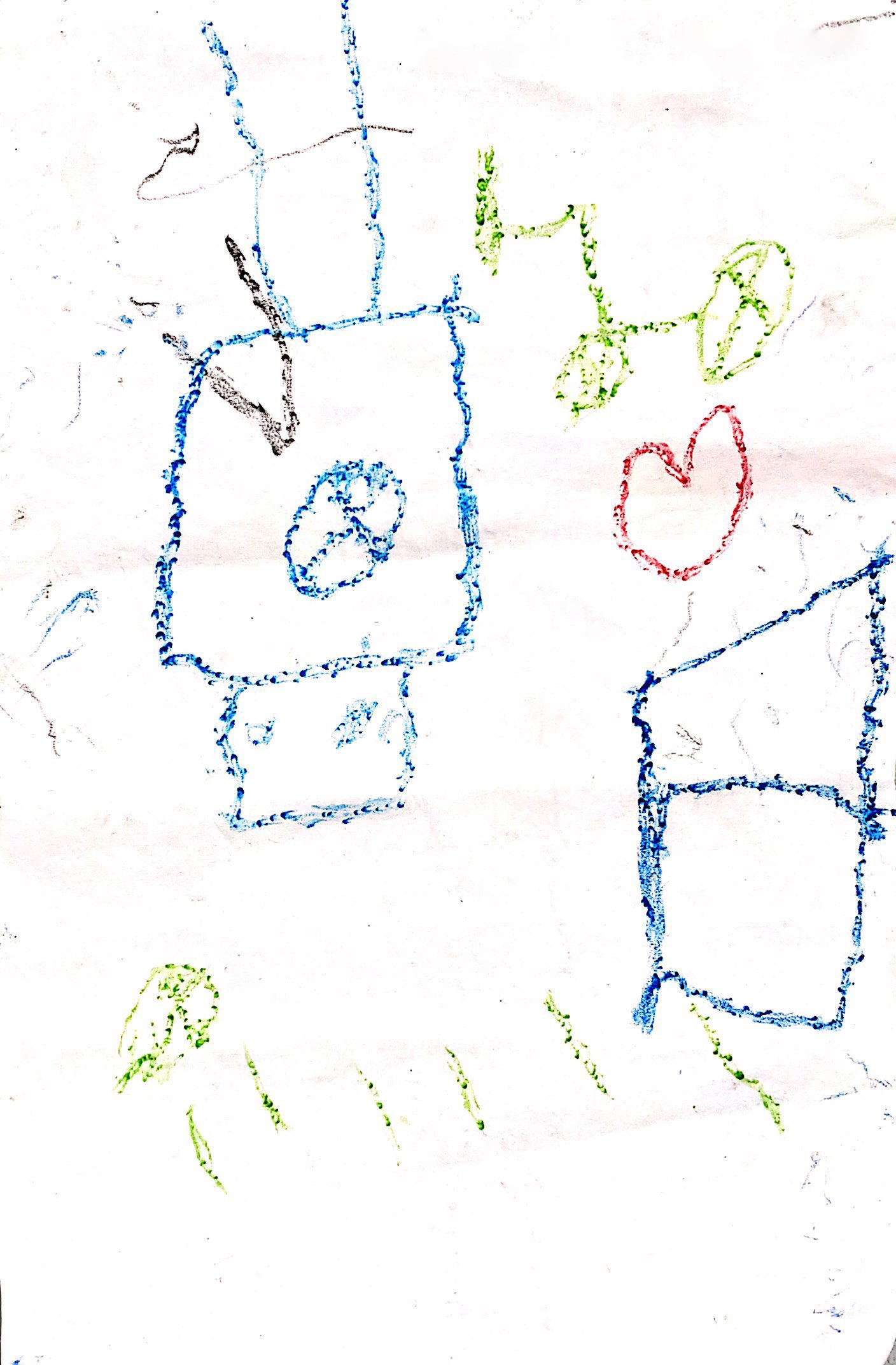 A picture drawn by Omar of the toys he missed the most - a bike, a ball, a heart shaped pillow and the grass where he used to play.