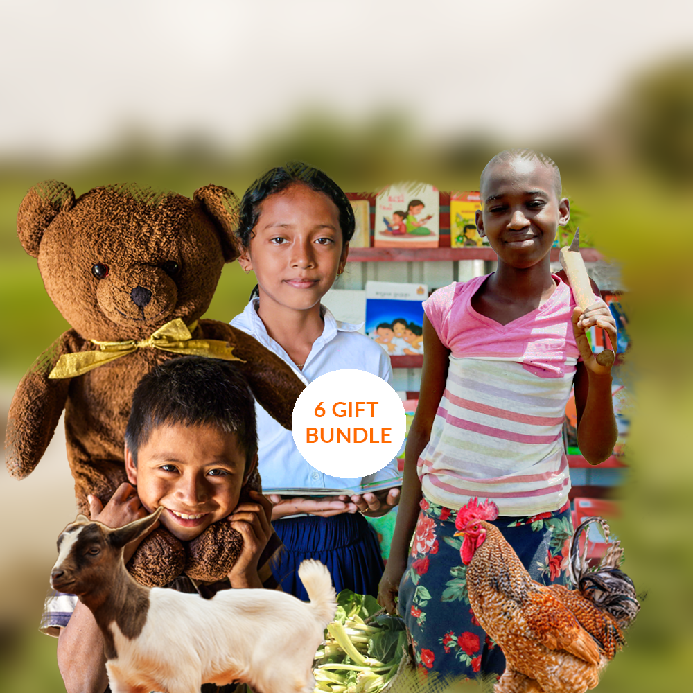 Collage displaying gifts on offer, including a goat, a football and a chicken