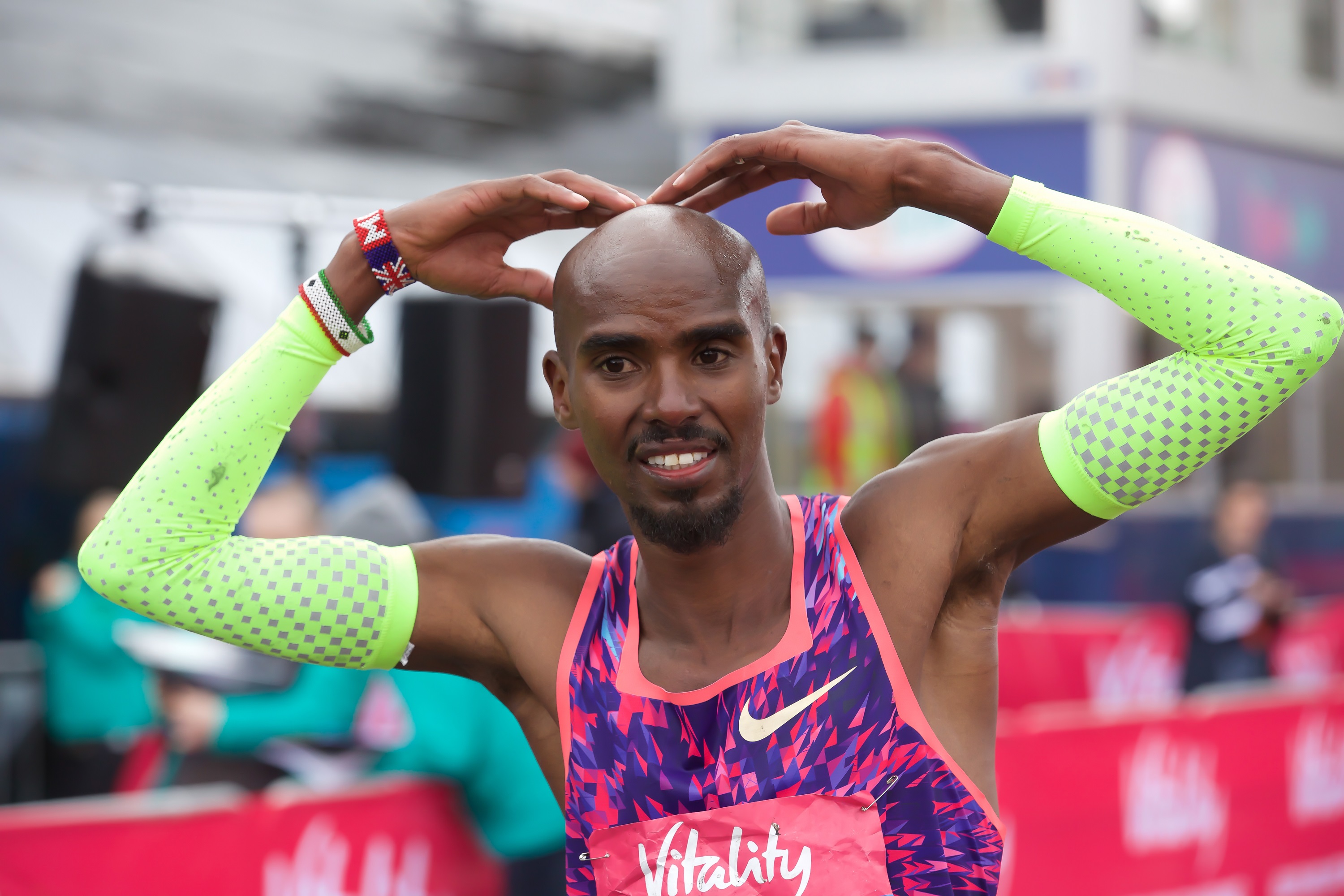 Sir Mo Farah doing the Mobot after winning the Vitality Big Half Marathon