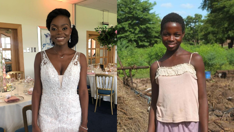 Temwa in her wedding dress, side-by-side with Elita in Malawi