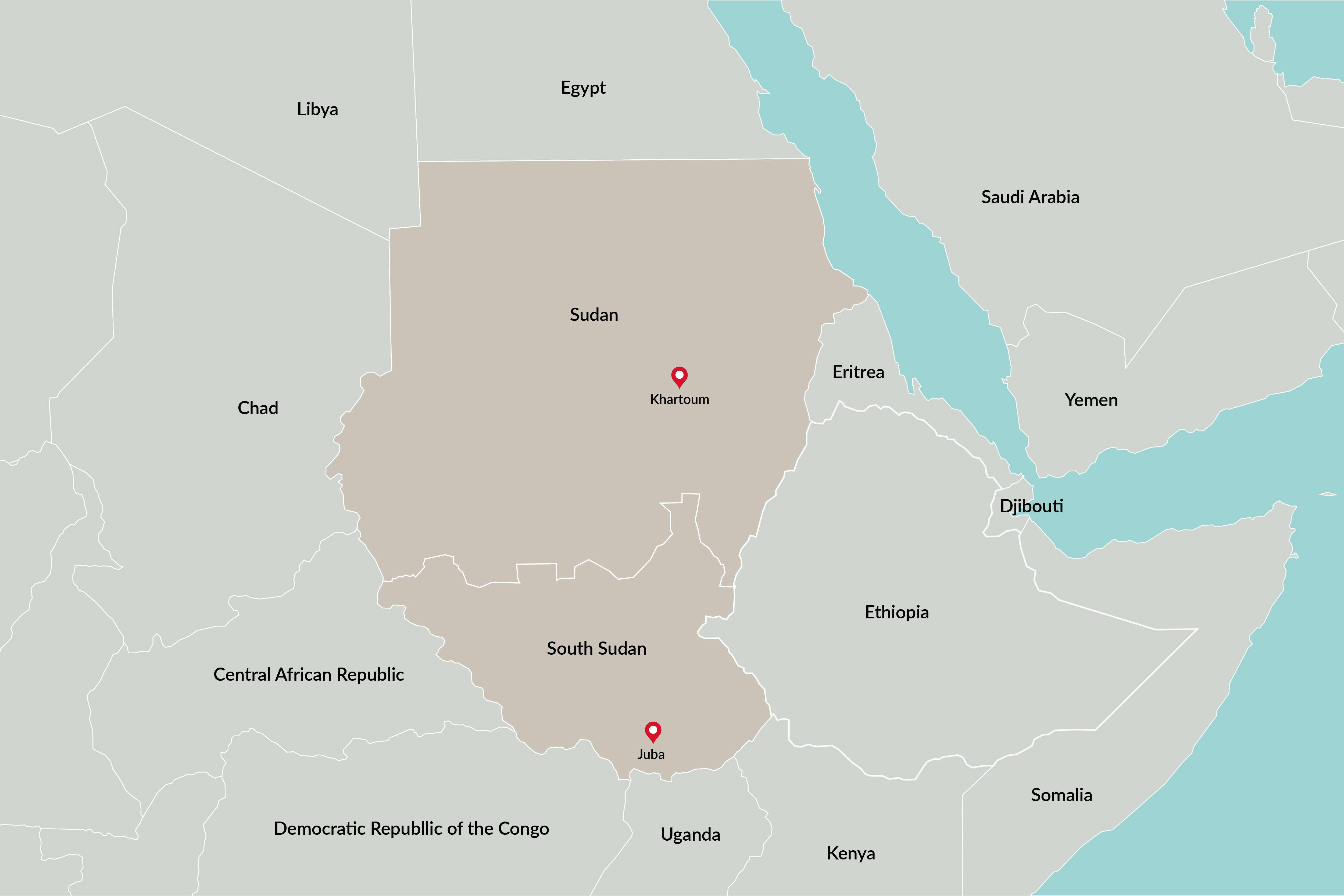 Map of Sudan and its neighbouring countries, including South Sudan, Chad, Ethiopia and Eritrea