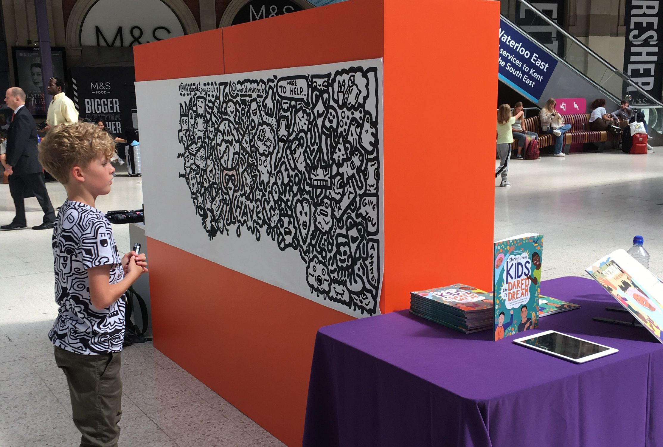Joe's giant doodle on World Vision's stand in Waterloo Station