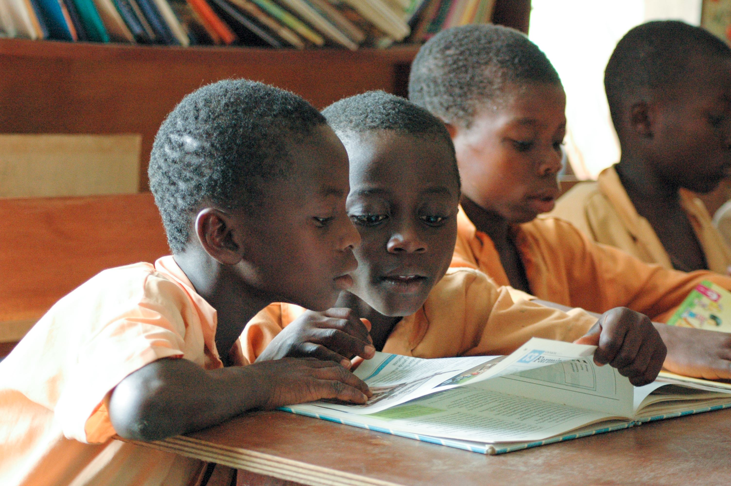 Schoolboys in Ghana read a textbook together in class