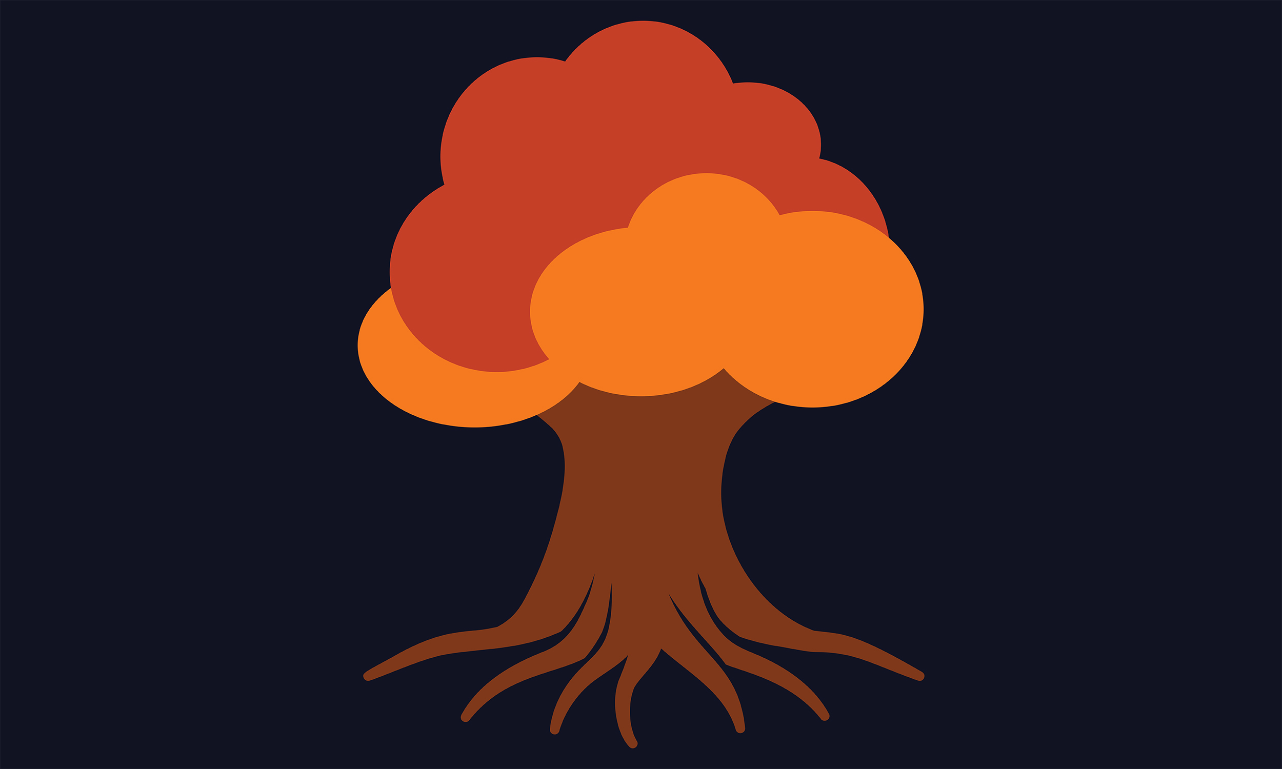 A tree illustration with shades of brown and orange set in a black background
