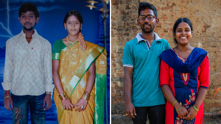 Side-by-side photos: New bride Anuradha with husband Krishna, and the couple today
