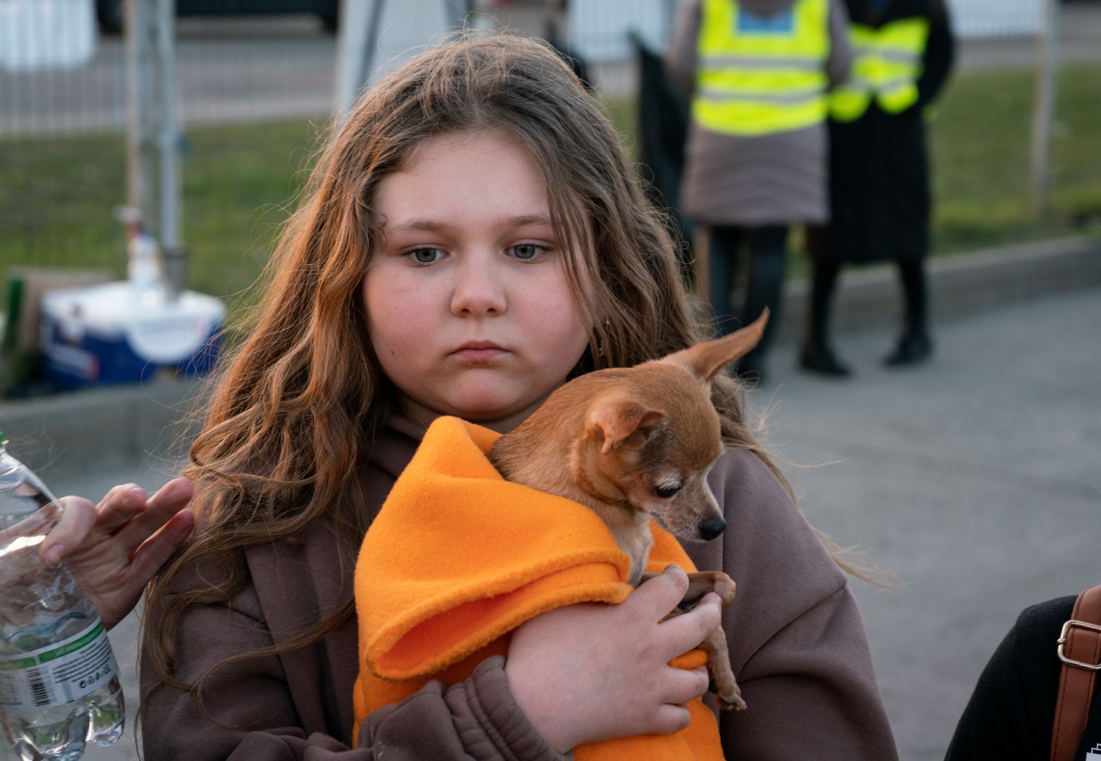 Ukrainian refugee girl with her dog